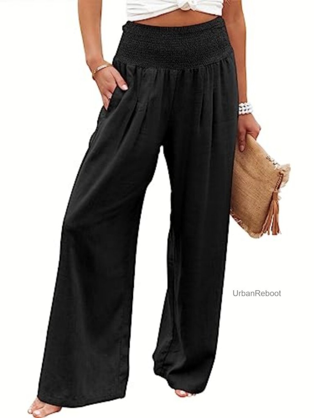 Women Linen Palazzo Wide Leg Pants with Pockets, Smocked High Waist Flowy